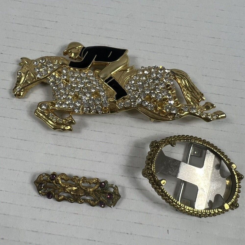 Lot Of 3 Vintage Belt Buckles, Horse Racing, Cabochon, Purple Rhinestone READ